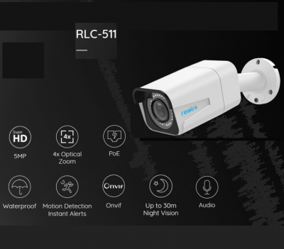 Câmara de vigilância branca Reolink RLC-511 com características técnicas