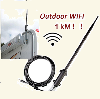 Antena externa preta para WIFI com cabo e conector ao lado de texto Outdoor WIFI 1 kM e símbolo Wi-Fi