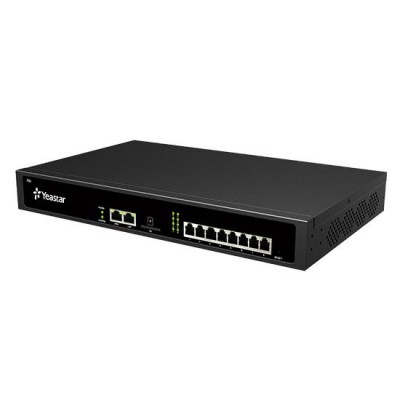 Equipamento de rede preto Yeastar com portas Ethernet e LEDs
