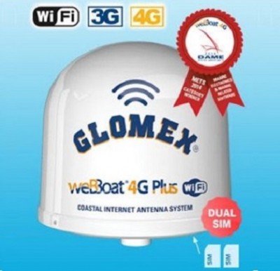 Antena domo branca para internet costeira com texto e ícones WiFi, 3G, 4G e selo de qualidade