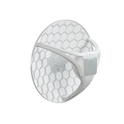 Antena parabólica de rede branca com padrão hexagonal e suporte branco