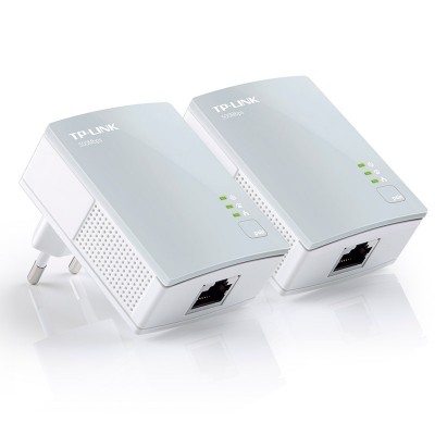 Adaptadores de rede TP-LINK TL-PA4010KIT brancos com LEDs verdes e conector Ethernet