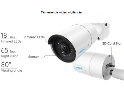 Câmeras de videovigilância brancas com LEDs infravermelhos e slot para cartão SD.