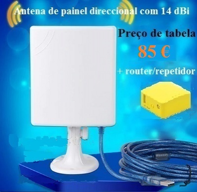 Antena de painel direccional branca com cabo azul e texto promocional