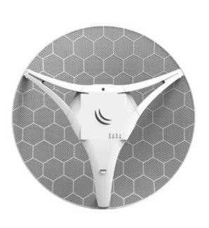 Antena parabólica branca com padrão hexagonal cinza