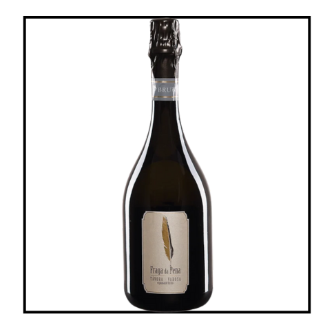 Fraga da Pena Espumante Bruto - Caves Terras do Demo - Branco 75cl Garrafão de espumante Fraga da Pena Távora Varosa com rótulo cinzento e pena dourada.