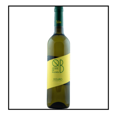 Garrafa de vinho branco Quinta da Bulfata com rótulo amarelo e verde