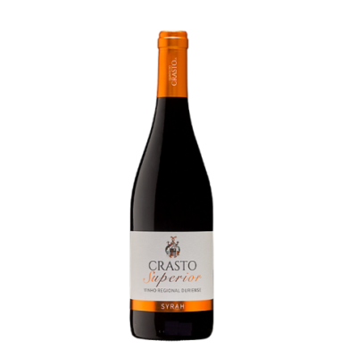 Garrafa de vinho Crasto Superior Syrah com rótulo branco e tampa laranja
