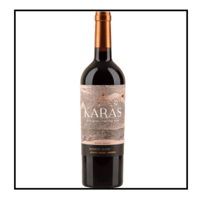 Garrafa de vinho tinto Karas com rótulo e tampa cobre