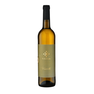 Garrafa de vinho branco A Secreta Verdelho com rótulo verde-oliva e tampa preta