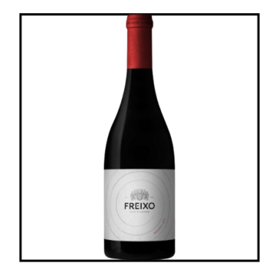 Garrafa de vinho FREIXO com rótulo branco e tampa vermelha
