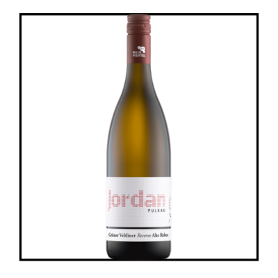 Garrafa de vinho branco Jordan Pulkau com rótulo branco e tampa castanha