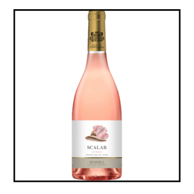 Garrafa de vinho rosé Scalab Syrah com rótulo branco e cápsula dourada