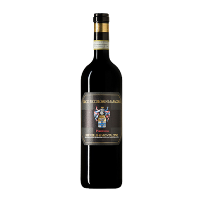 Garrafa de vinho tinto Brunello di Montalcino com rótulo preto e dourado