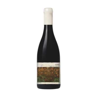 garrafa de vinho preta com rótulo artístico e rolha branca