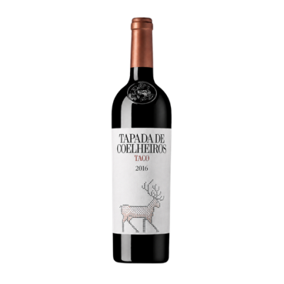 garrafa de vinho tinto Tapada de Coelheiros Taco 2016 com rótulo branco e cervo pixelado