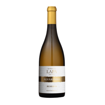 Garrafa de vinho branco Alvarinho Reserva com rótulo branco e dourado