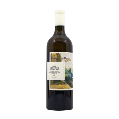 Garrafa de vinho branco com rótulo colorido e tampa branca