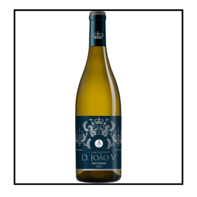 Garrafa de vinho branco D. João V Reserva 2019 com rótulo azul escuro e detalhes prateados