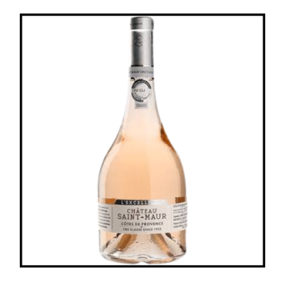 Garrafa de vinho rosé Château Saint-Maur Côtes de Provence com rótulo branco e rolha prateada