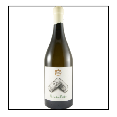 Garrafa de vinho com rótulo branco com desenhos e texto, tampa creme, fundo preto