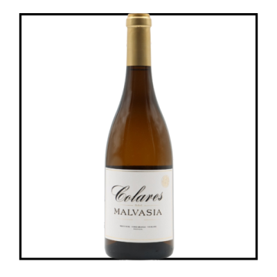 Garrafa de vinho branco Colares Malvasia com rótulo branco e cápsula dourada