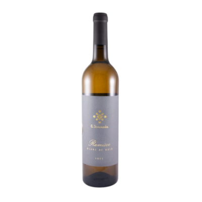 Garrafa de vinho branco com rótulo cinzento e texto dourado