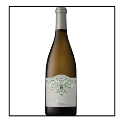 Garrafa de vinho branco CACHENI com rótulo branco decorado, tampa prateada