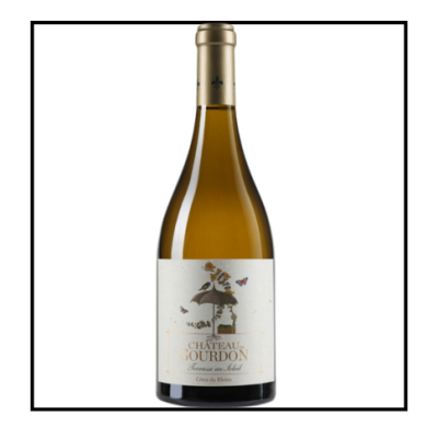 Garrafa de vinho branco Château Gourdon com rótulo branco e tampa dourada