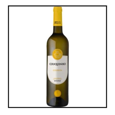 Garrafa de vinho branco Couquinho Colheita com etiqueta branca e tampa amarela