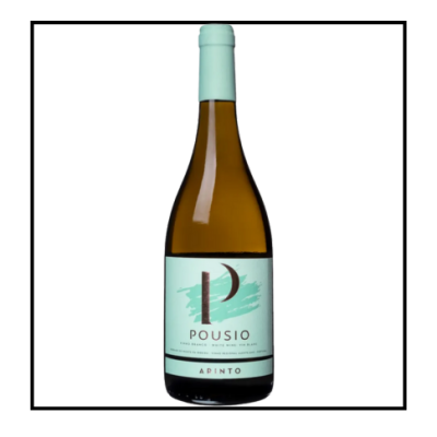Garrafa de vinho branco Pousio com rótulo azul claro e tampa azul clara