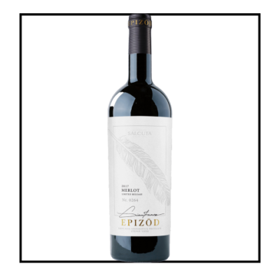 Garrafa de vinho tinto Merlot Epizod com rótulo branco e tampa preta