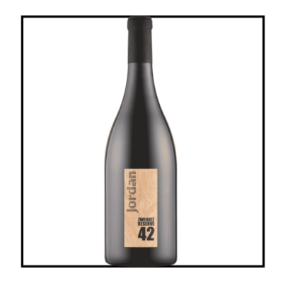 Garrafa de vinho Jordan ZWEIGELT RESERVE 42 com rótulo bege e tampa preta