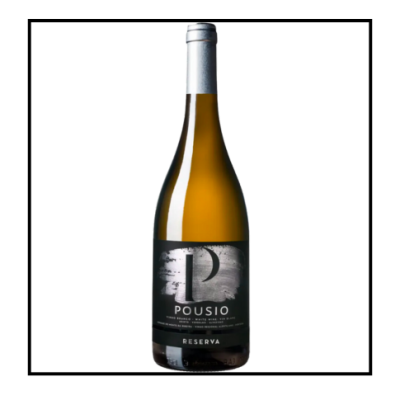 Garrafa de vinho branco Pousio Reserva com rótulo preto e branco