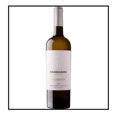 Garrafa de vinho branco RAVASQUEIRA VIOGNIER 2019 com rótulo branco e rolha prateada
