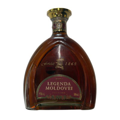 Garrafa de bebida alcoólica LEGENDA MOLDOVEI em vidro castanho com rótulo bordô e letras douradas