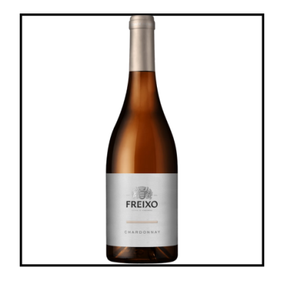 Garrafa de vinho branco Freixo Chardonnay com rótulo branco e tampa prateada