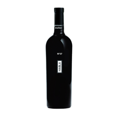 Garrafa de vinho tinto preto com rotulo HABLA e texto branco