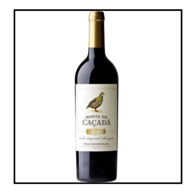 Garrafa de vinho tinto Monte da Caçada com rótulo branco e tampa dourada