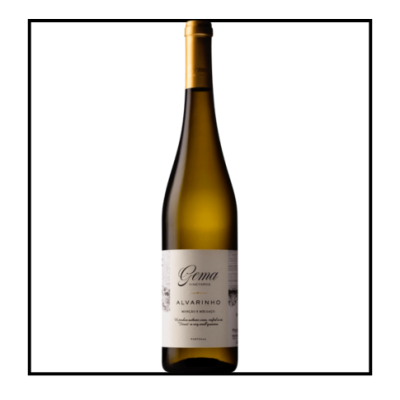 Garrafa de vinho Alvarinho com rótulo branco e cápsula dourada
