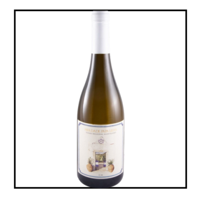 Garrafa de vinho branco com rótulo e rolha branca