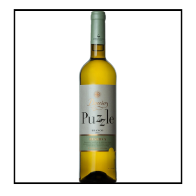 Garrafa de vinho branco Puzzle Reserva com rótulo branco e verde