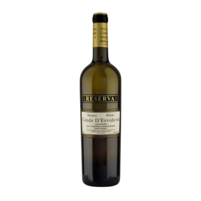 Garrafa de vinho branco Reserva Conde DErvideira Alentejo com rótulos e tampa dourada