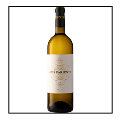 Garrafa de vinho branco José Pariente com rótulo branco e dourado e tampa preta