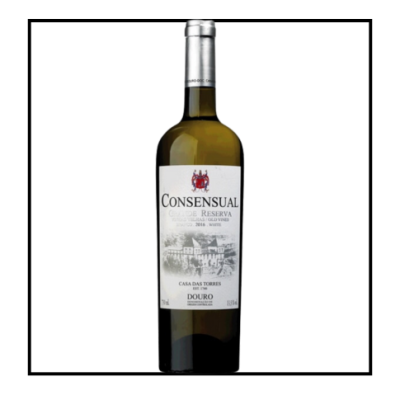 Garrafa de vinho branco Consensus Reserva Douro com rótulo branco e selo vermelho