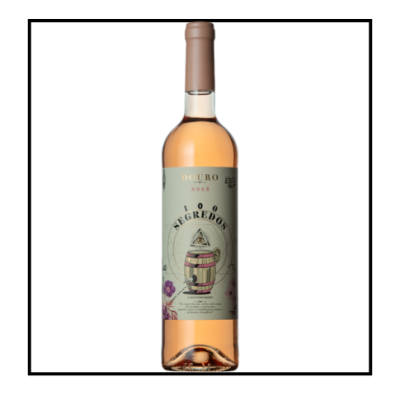 Garrafa de vinho rosé com rótulo e tampa rosados