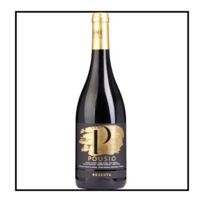 Garrafa de vinho tinto Pousio Reserva com rótulo preto e dourado