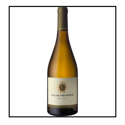 Garrafa de vinho branco Julia Kemper Dão D.O.P. com rótulo branco e dourado