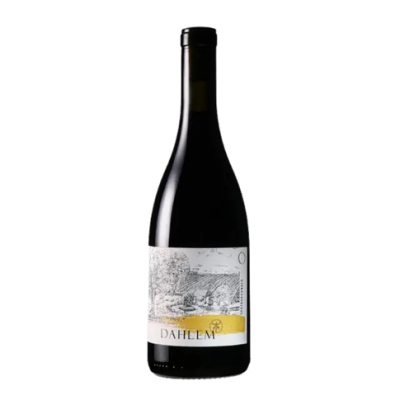 Garrafa de vinho com rótulo branco e amarelo com desenho e texto DAHLEM