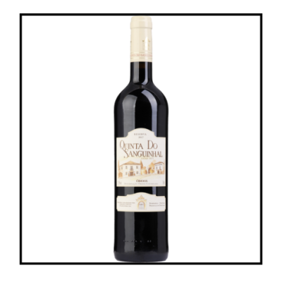 Garrafa de vinho tinto Quinta do Sanguinhal com rótulo branco e tampa de rosca creme